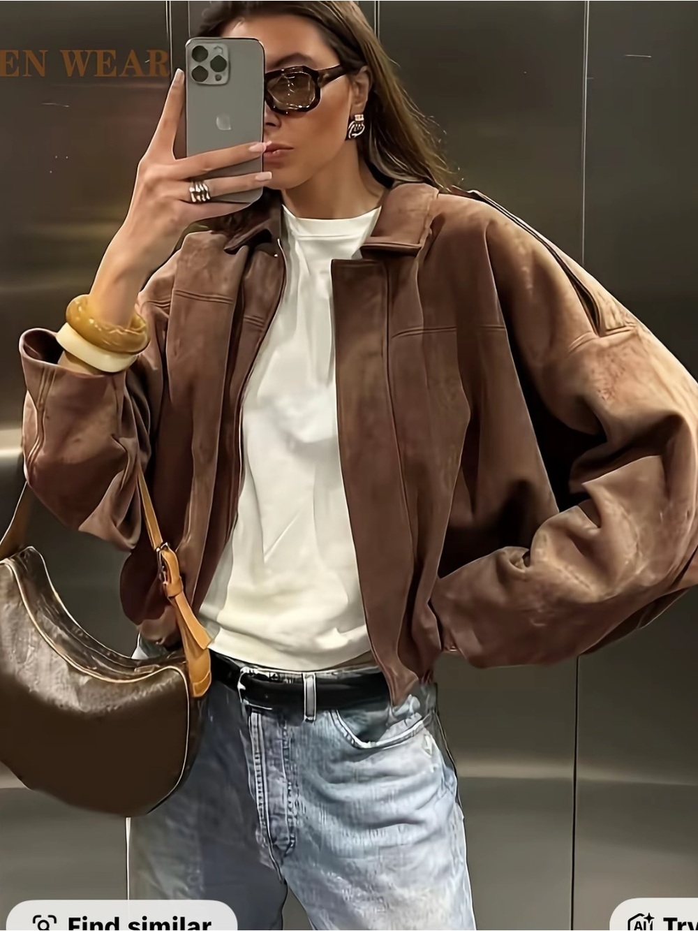 Brown Faux Suede Bomber Jacket with Relaxed Fit
